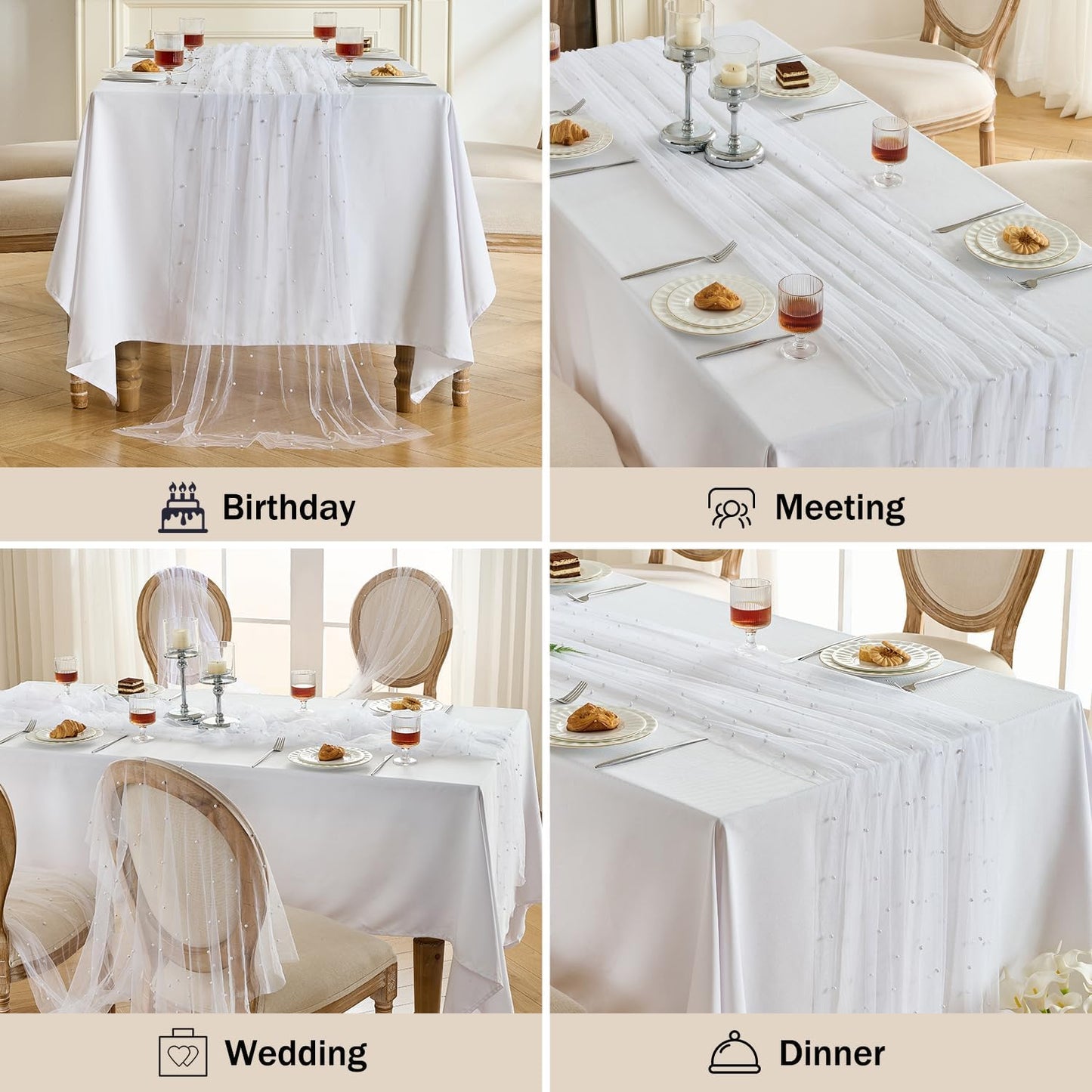 Fanami 6 Pack Pearl Table Runner -10FT Ivory White Boho Tulle Table Runners 120 Inches Long Rustic Sheer Lace Fabric Centerpieces for Wedding Arch Birthday Party Bridal Veil Baby Shower Decorations