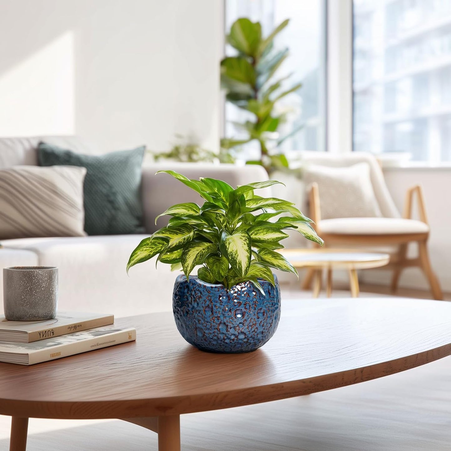 6 Inch Plant Pot - Ceramic Pots for Plants with Drainage Hole, Round Orchid Pot, Unique Planter for Indoor Outdoor, Modern Decorative Flower Pots, Room Decor, Plant Lovers Gifts, Retro Blue