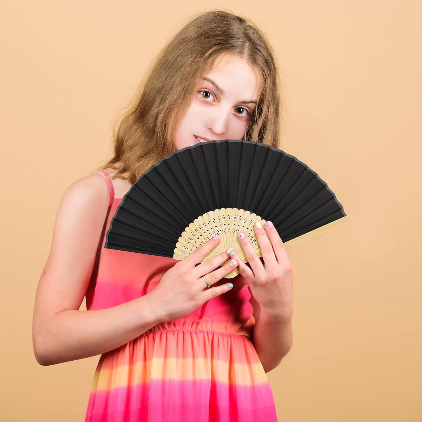 URATOT 48 Pieces Folding Fans Silk Bamboo Folding Fans Handheld Fans for Wedding, Party Decoration (Assorted Colors)