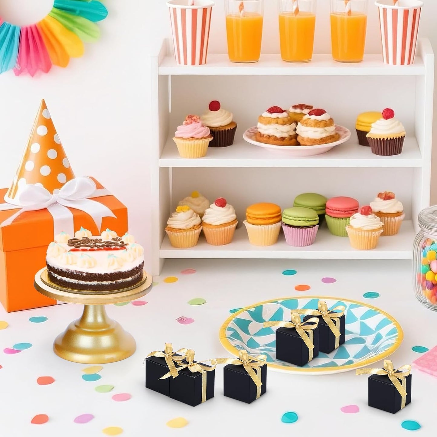 EUSOAR Favor Boxes, 60pcs 2x2x2 Inches Black Boxes Small Candy Box with Gold Ribbons, Mini Paper Cube Soap Box Chocolate Truffles Storage Macaron Container for Wedding Birthday Party DIY Favors