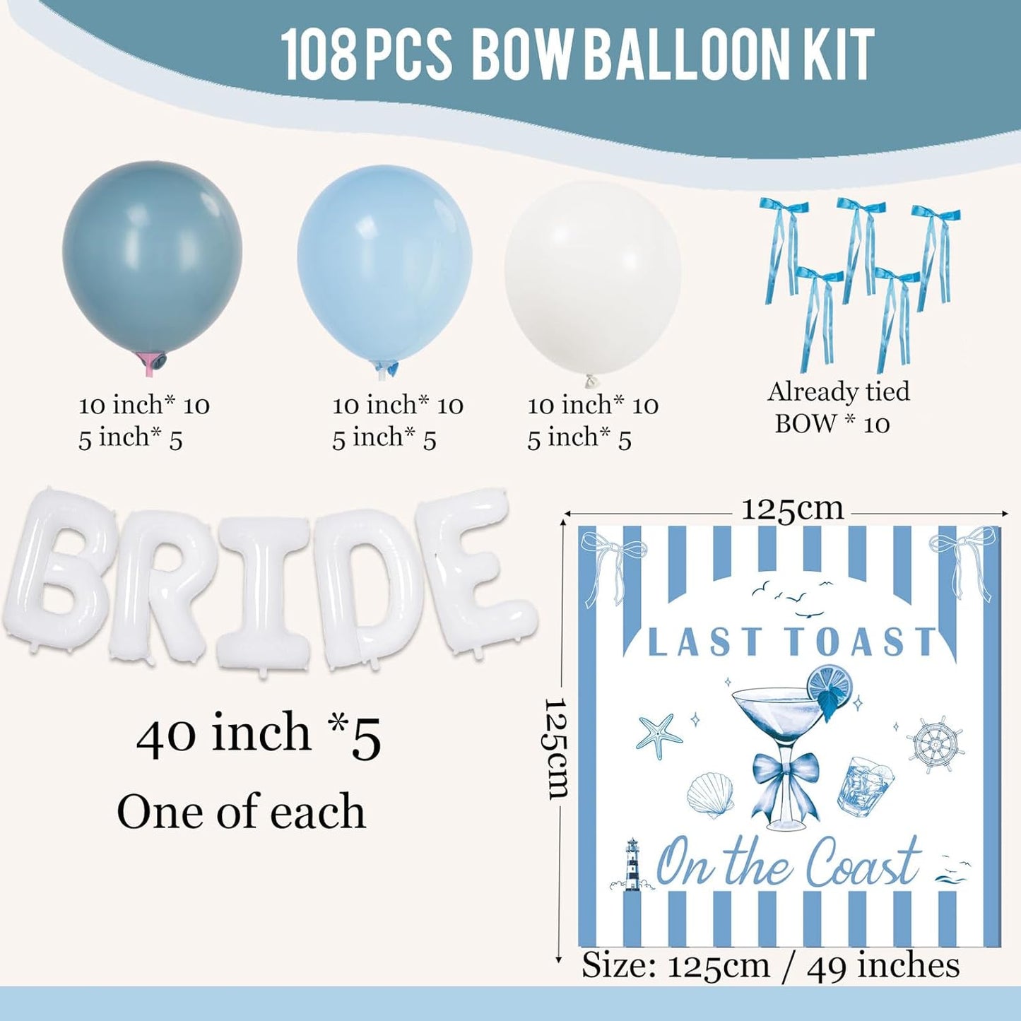 Last Toast on the Coast Bachelorette Decorations Blue bridal shower Balloon Garland Kit with 1.5m Backdrop Huge 40 inch BRIDE letter balloons for Hen Party Wedding Engagement supplies