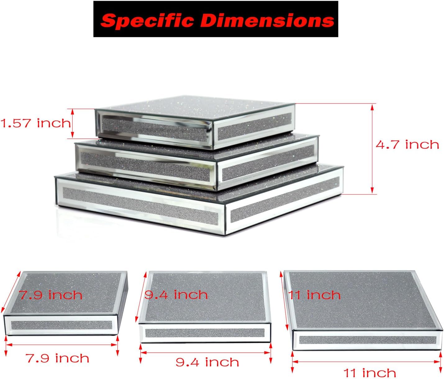 GIMORRTO Mirror Display Riser 3 PC, Glam Accent Table Display Platform for Decorative Pieces, Mirrored Showpeice 3 set, Food Beffer Displayer (Sparkling 3PC)