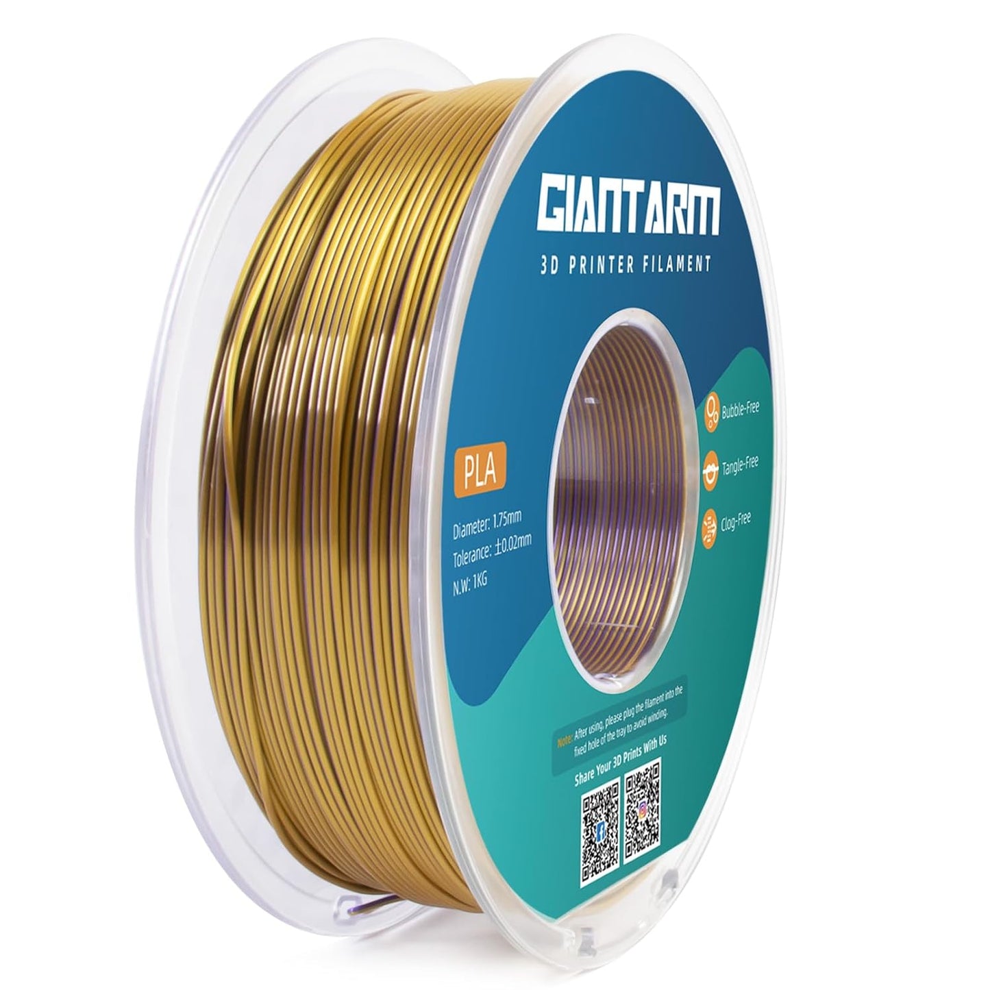 GIANTARM Dual Color PLA Filament, Silk PLA Filament 1.75mm +/-0.02mm,1KG Spool(2.2lbs) Vacuum Packaging, 3D Printing Filaments Fit Most FDM Printer