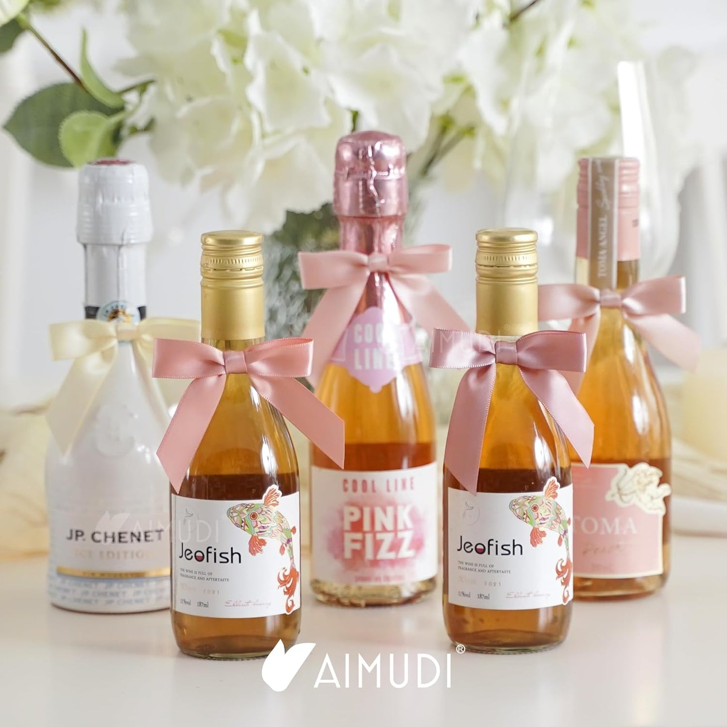 AIMUDI 5 Colors Dusty Rose Bows 2.5" Pink Satin Twist Tie Bows for Gift Wrapping Premade Satin Bows for Making Crafts Treat Bag Baby Shower Birthday Party Wedding Decoration, 50 PCs