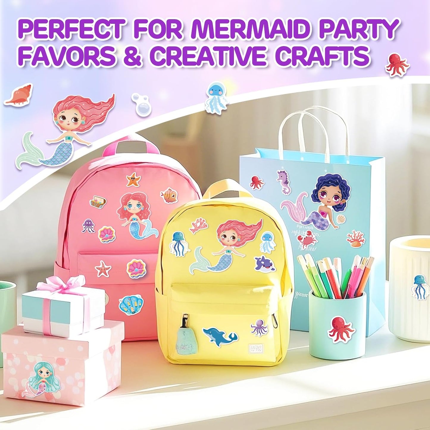 Aowplc 32 Sheets Mermaid Make‑A‑Face Stickers for Kids, Mermaid Party Favors for Girls, Birthday Crafts, Goodie Bag Stuffers
