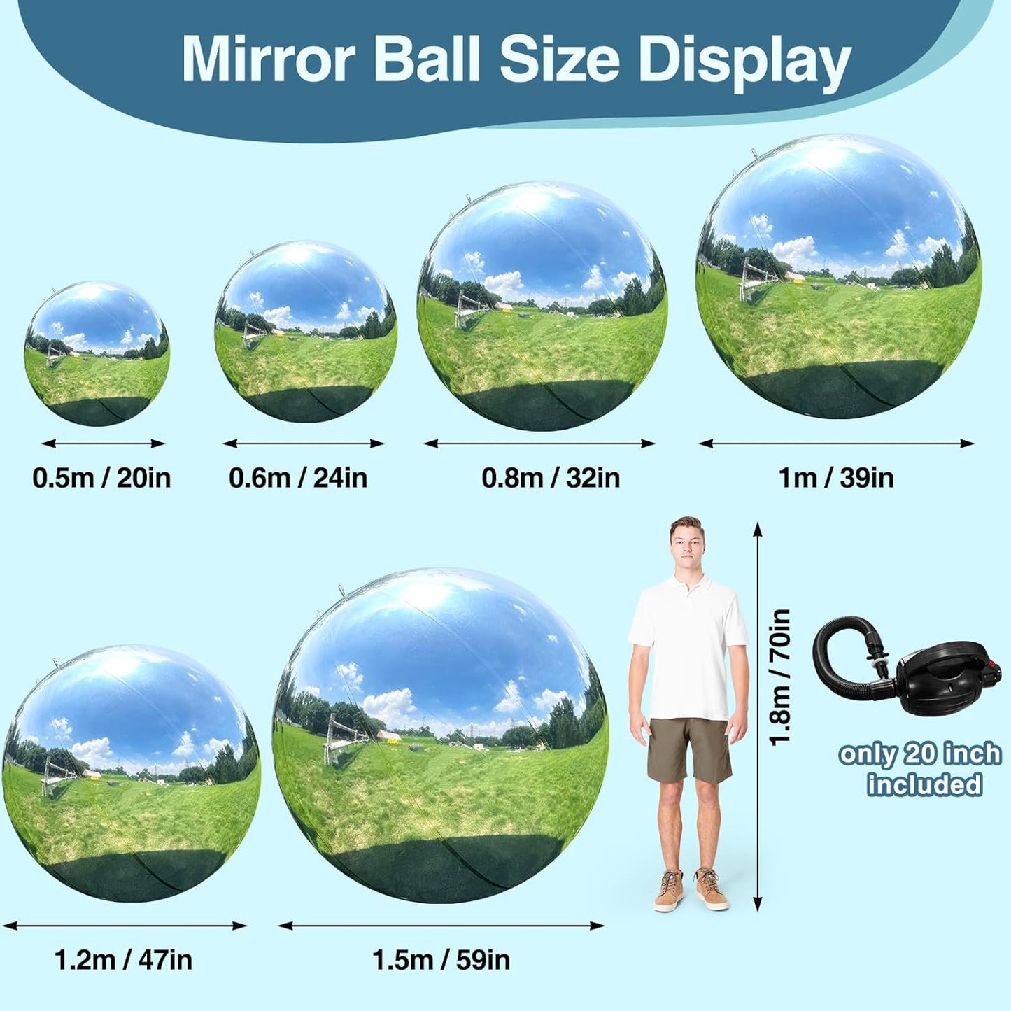 Inflatable Mirror Ball, Silver Big Shinny Balls Reusable Large PVC Disco Ball Balloon for Large Event Decoration, Party, Wedding Decor, Concerts, Stage (1 Pcs, 1.5m/59in Without Air Pump)