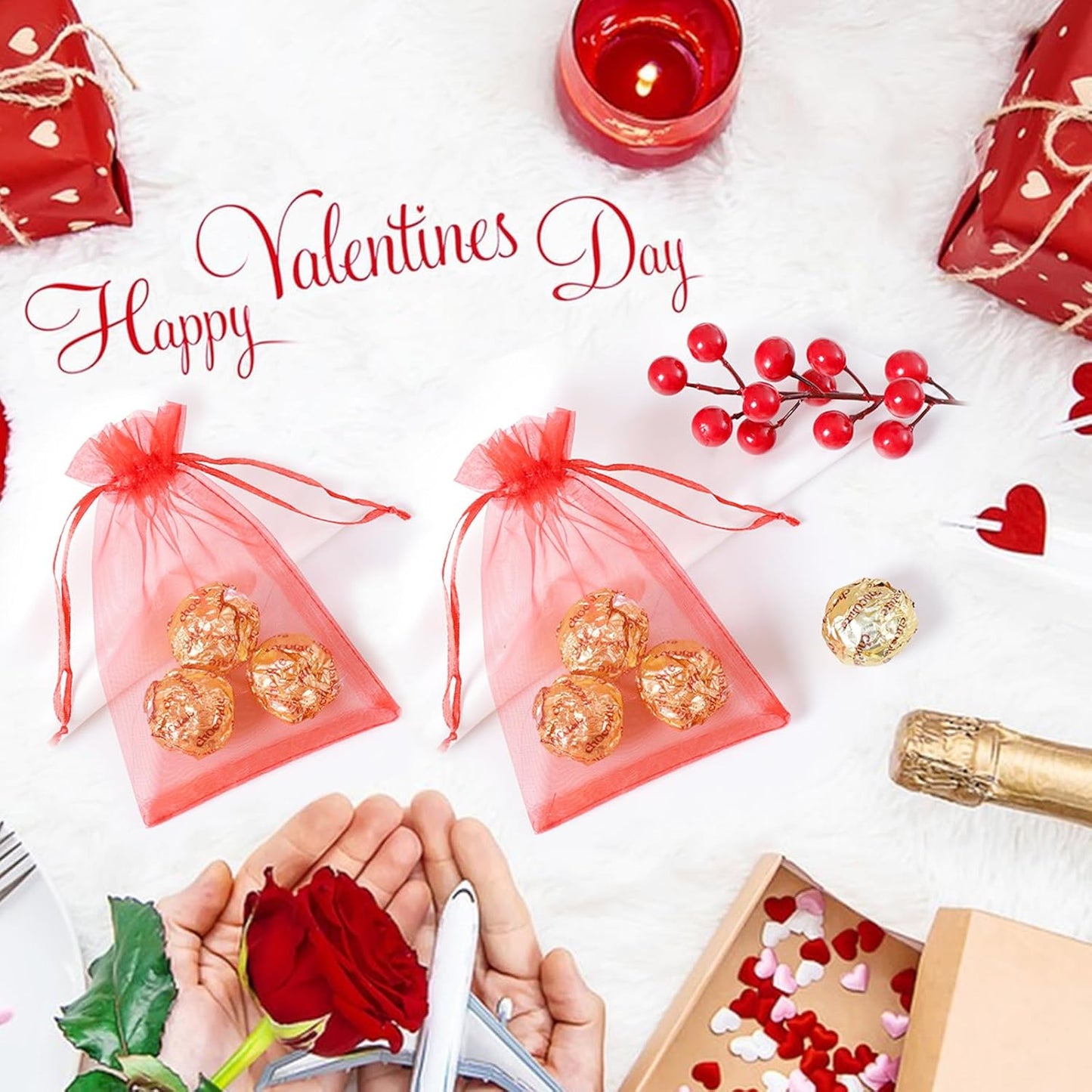 Hopttreely 50pcs Organza Gift Bags, Red Jewelry Gift Bags, 4x6inch Wedding Favor Bags with Drawstring, Small Mesh Gift Pouches Mini Candy Bags for Valentienes Party