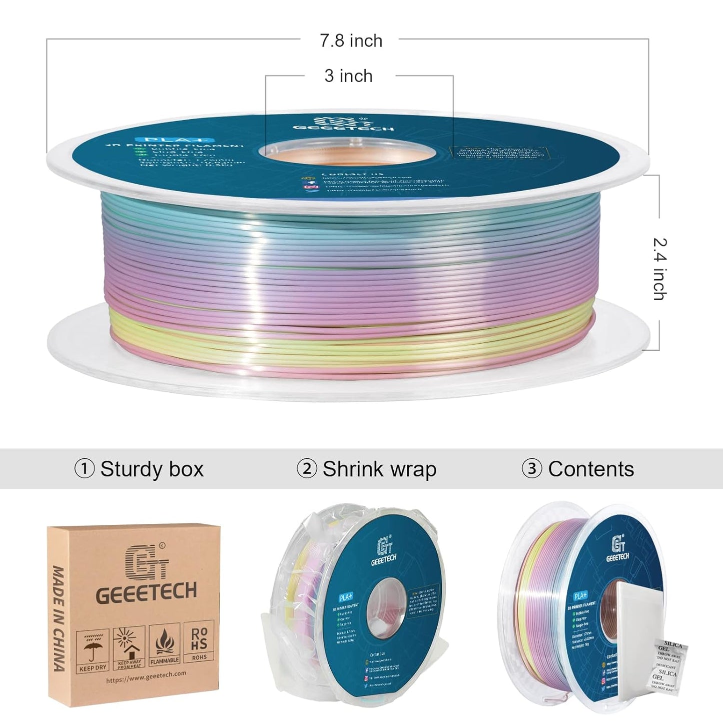 GEEETECH Silk Rainbow PLA Filament 1.75mm, 3D Printer Filament 1kg Spool (2.2lbs), Shiny Multicolor Gradient PLA, +/- 0.02 mm Accuracy, Low Warping, 3D Printing Filament Fits Most FDM 3D Printers