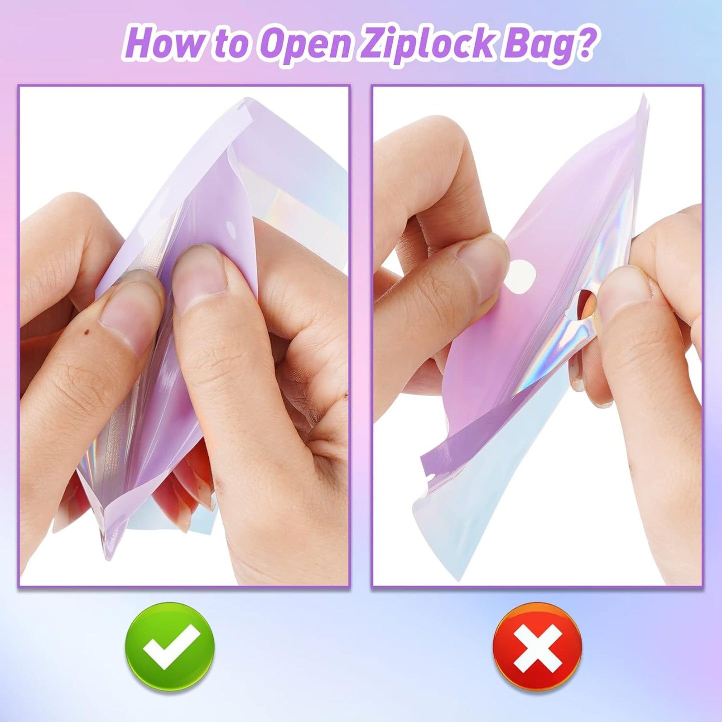 Funfery 100 Pack Holographic Bags,Mylar Resealable Bags with Zipper,Clear Window Packaging Pouch,Plastic Foil Bag for Food Storage,Sample Jewelry Baggies(4×6in,Purple Blue)