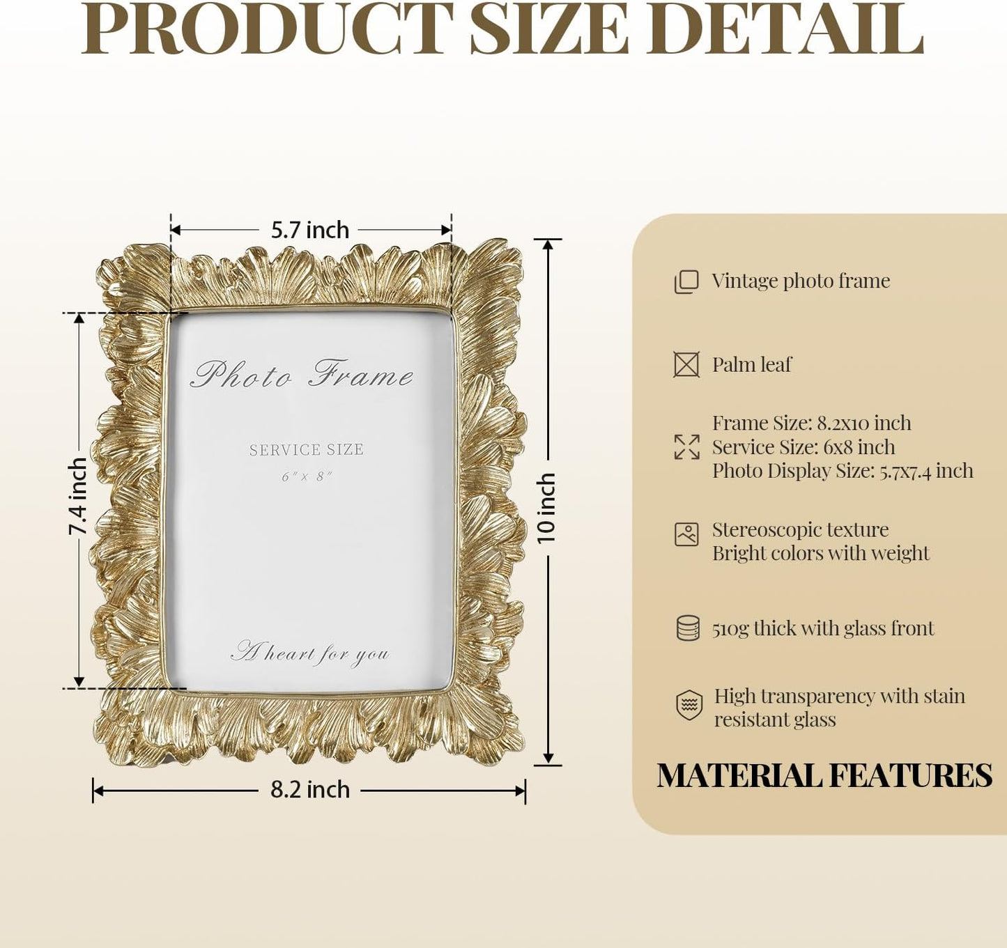 Cuspin 6x8 Picture Frame Vintage Gold Frames, Gold Palm Leaves Textured Hand-Crafted Resin Frames with Glass Front, Elegant Retro Decorative Photo Frame for Wall and Tabletop Display Home Decor