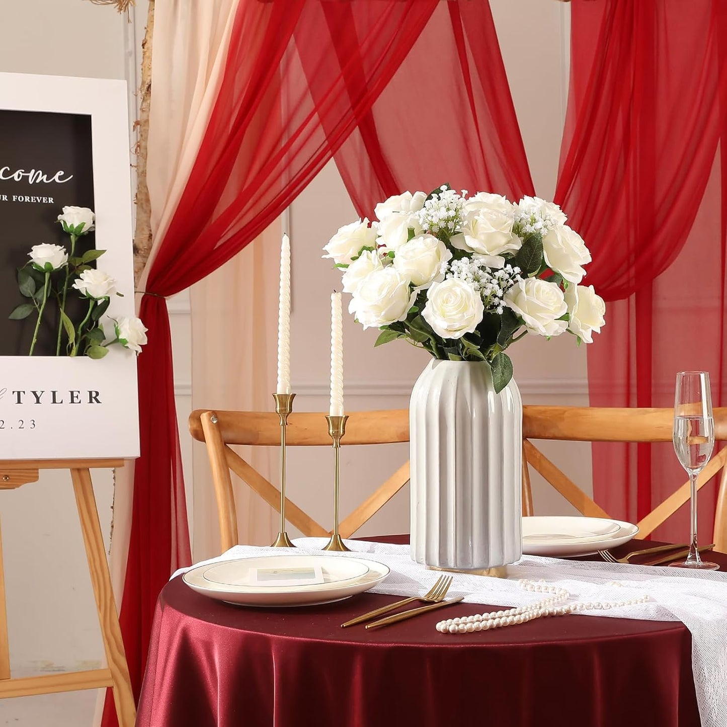 Tifuly White Roses Artificial Flowers -12 pcs Realistic Single Long Stem Fake Silk Roses Bouquet for Party Home Wedding Centerpiece Office DIY Decor(Off White)