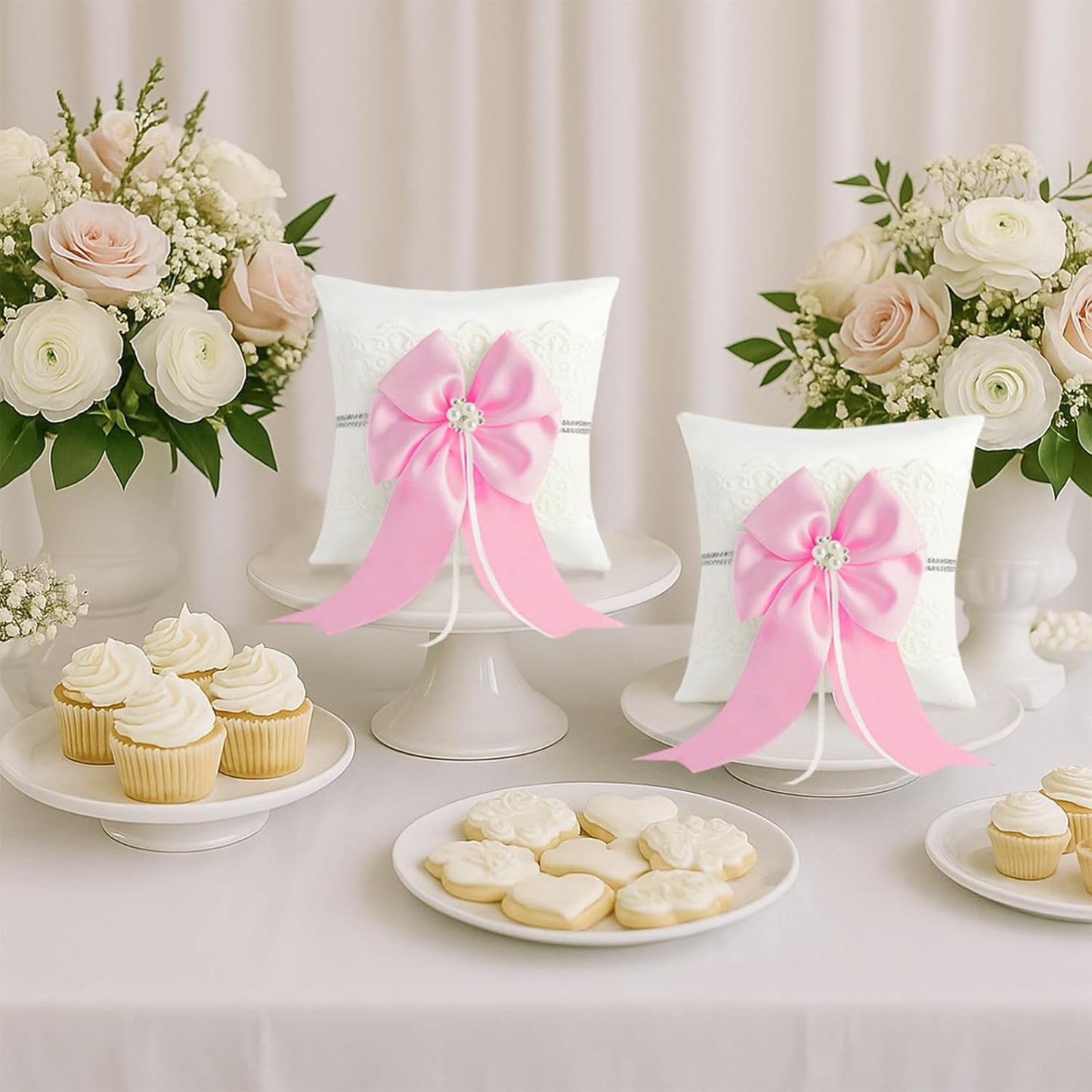 Wedding Ring Bearer Pillow: 8.2 x 8.2 Inch Ivory Satin Lace Cushion with Pink Pearl Bow for Ceremony Vows - Secure Ring Holder for Flower Boy or Girl (Pink – 2 Pack)