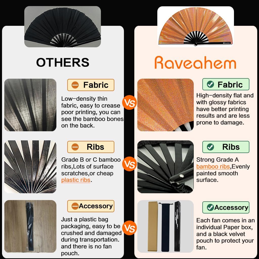 Large Rave Fan, Clack Folding Hand Fan with Premium Fabric, Thick Bamboo Frame for Men Women Gift for EDM, Festival, Club, Party, Dance, Decoration (Lridescent Orange, 13")
