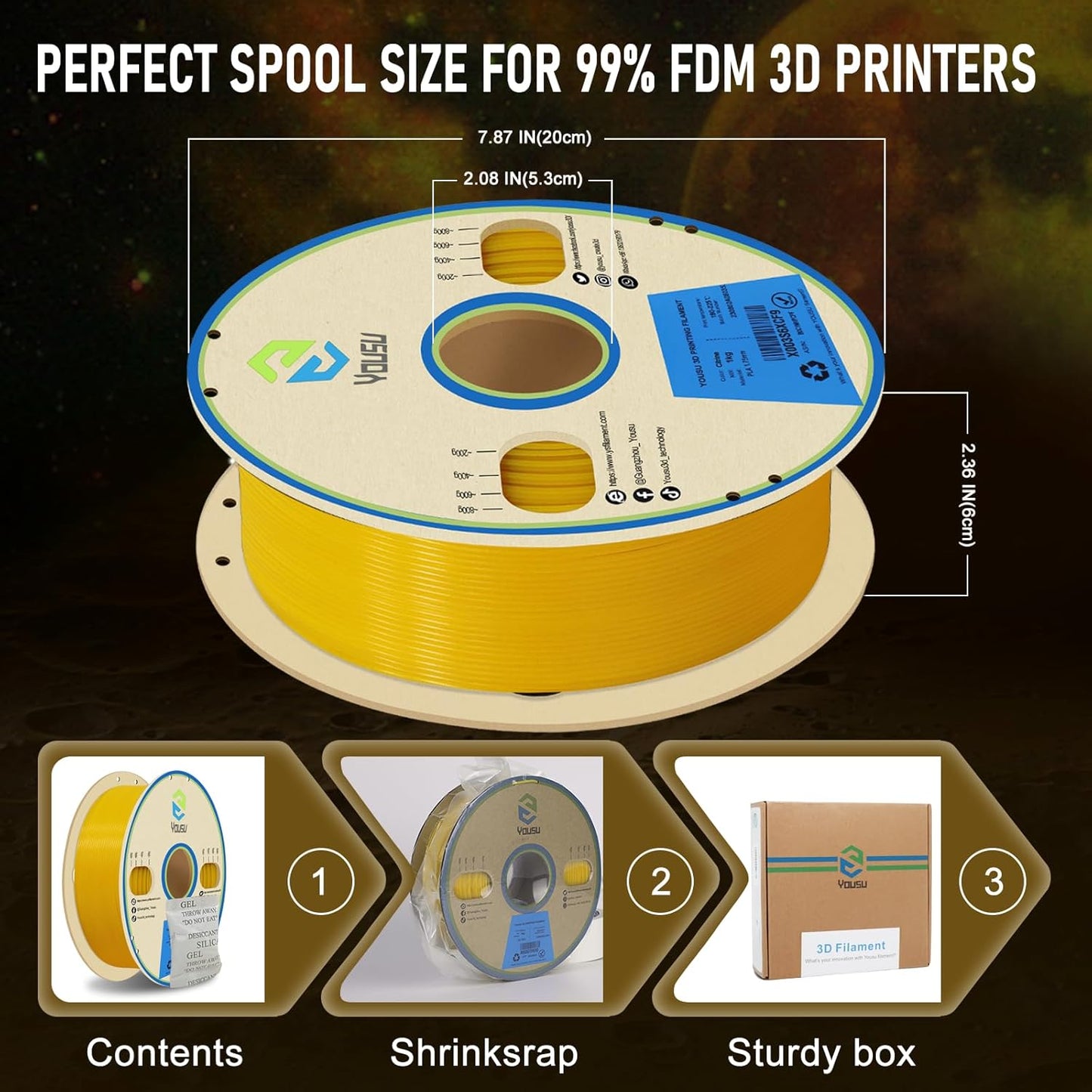 YOUSU 3D Printer Filament 1.75mm PLA Filament Glow in Dark PLA Filament Yellow 3D Printing Filament 1kg(2.2lbs) Spool.