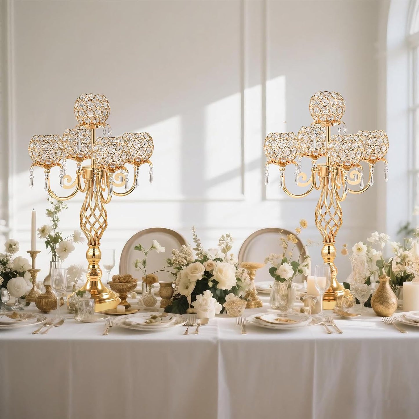 5-Arm Crystal Candelabra Centerpiece 23.2" Tall - Elegant Candle Holder Stand with Crystal Bowl, Chic Table Decor for Weddings, Parties, Anniversary & Home Decoration (4, Gold)