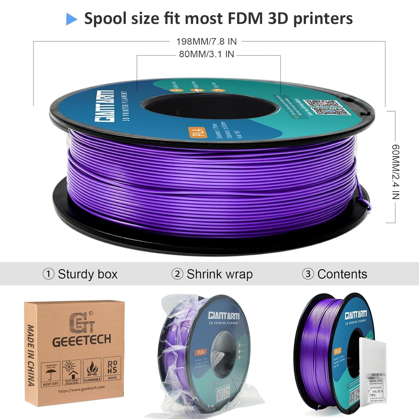 GIANTARM 3D Printer Filament, Purple Pla Filament, 1Kg(2.2lbs) Spool, 1.75mm Dimension Accuracy +/- 0.03mm, 3D Printing Filament