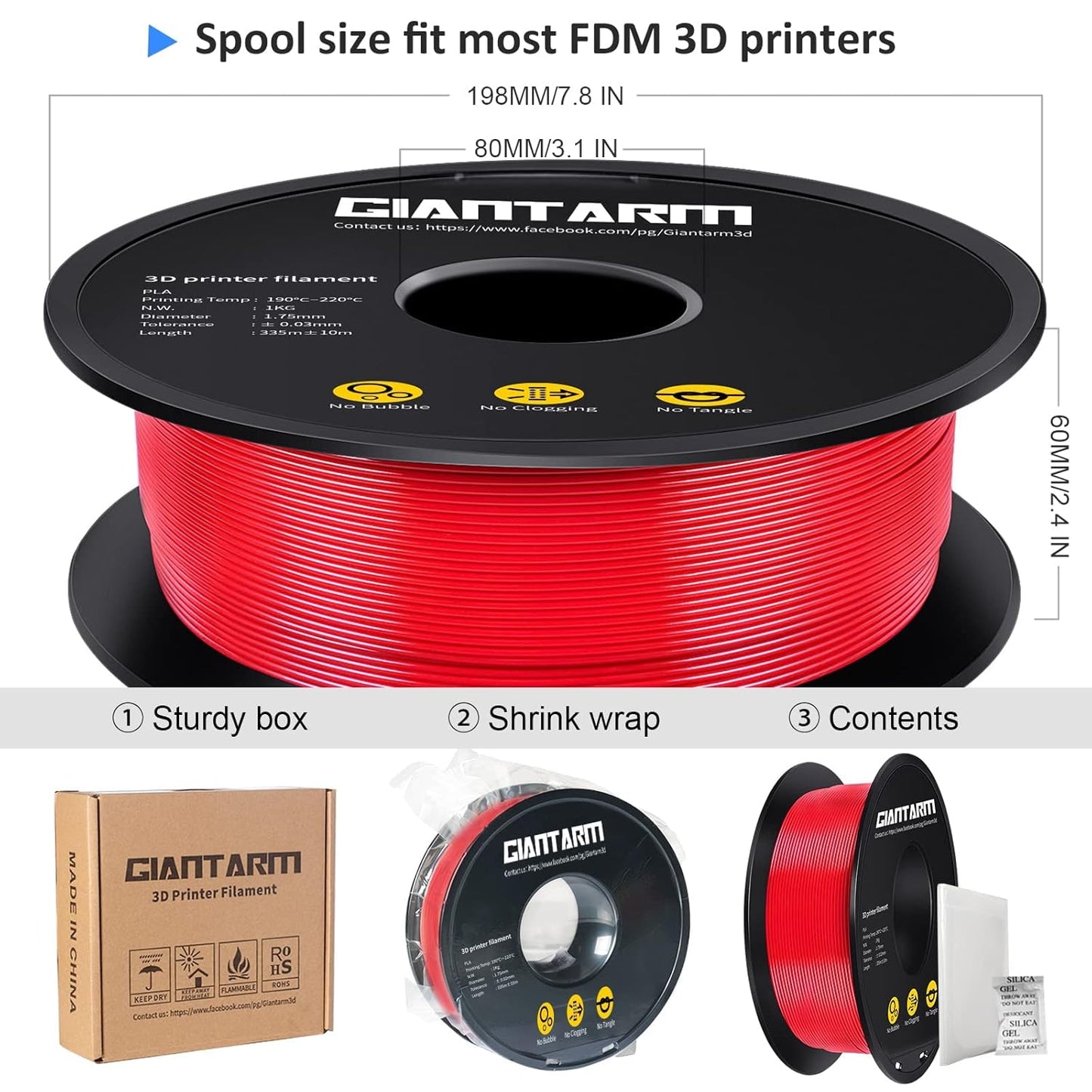 GIANTARM 3D Printer Filament, Red Pla Filament, 1Kg(2.2lbs) Spool, 1.75mm Dimension Accuracy +/- 0.03mm, 3D Printing Filament