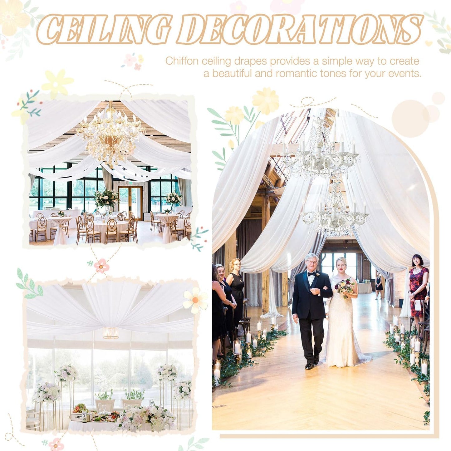 Ceiling Drapes Wedding Arch Draping Fabric White 5FTx20FT 2 Panels Arch Decorations for Ceremony Chiffon Drapery for Arbor Chiffon Backdrop Voile Sheer Curtains for Party Tent Ceiling Drape Outdoor