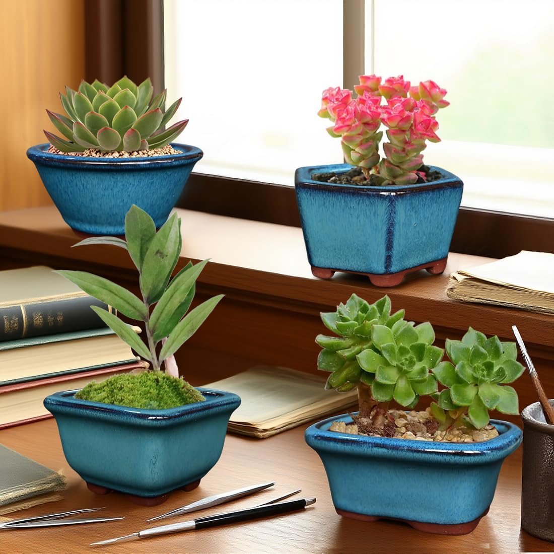 MUZHI 6PACK Glazed Bonsai Pot Planter 3" 4” Small Succulent Pots, Yixing Zisha Decorative Mame Bonsai Training Pot or Small Flower Cactus Starter Growing Planters Containers Blue