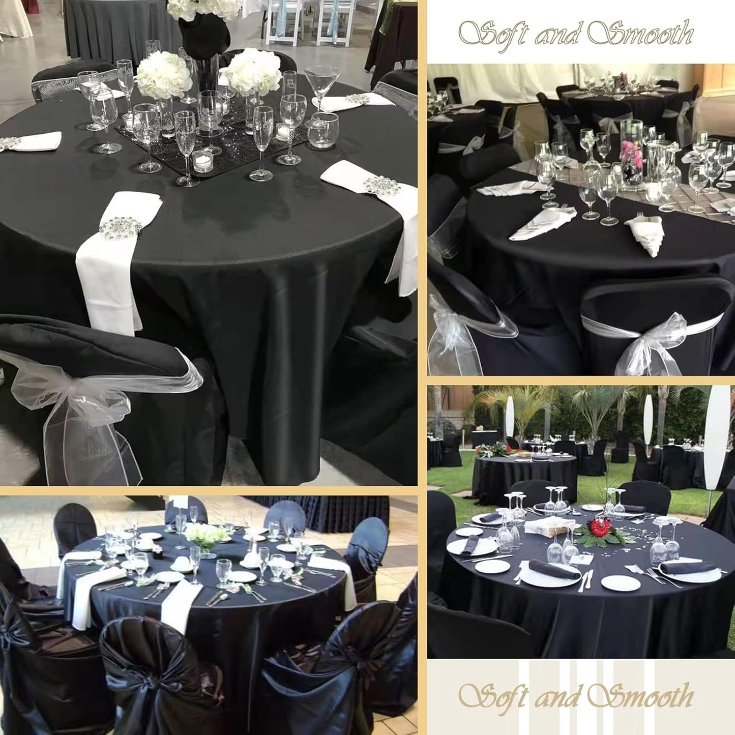 fani 12 Pack 108 Inch Black Satin Tablecloth - Premium Bright Silky Round Tablecloth Overlay Smooth Fabric Table Cover, Table Decoration for Wedding Party Banquet Events Restaurant Kitchen Dining