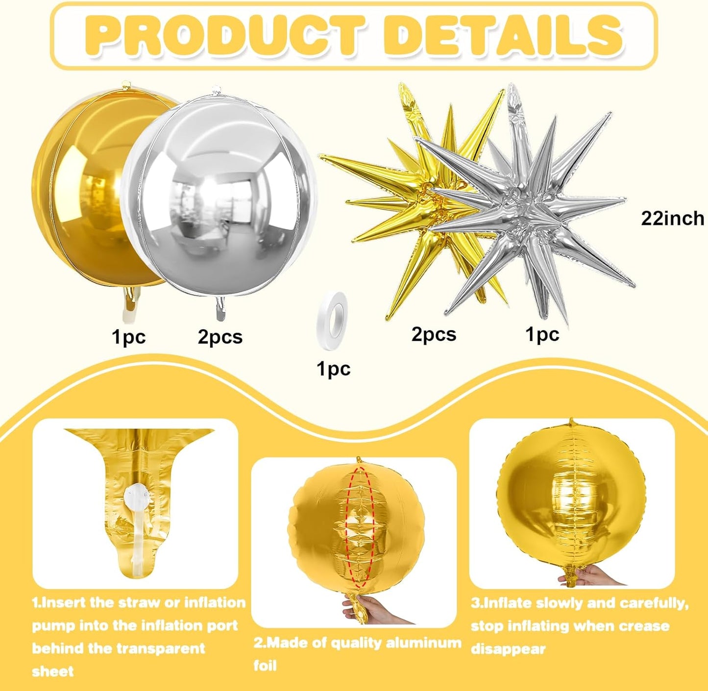 6Pcs Gold Silver Foil Balloons,22Inch Silver Gold 4D Round Ball Balloon and Explosion Star Balloon for Birthday Wedding Baby Shower Prom Party Anniversary Decorations