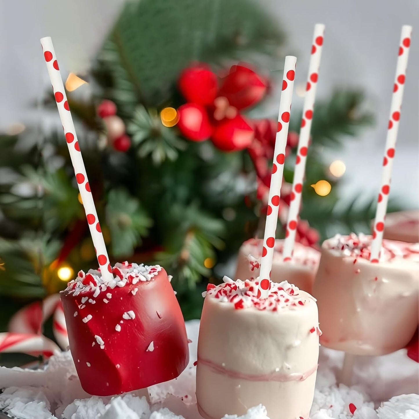 7.75'' x 0.24'' Red Polka Dots Disposable Paper Straws for Drinking, Compostable, 100 Counts - for Cocktail, Soda, Juice, Milk, Water