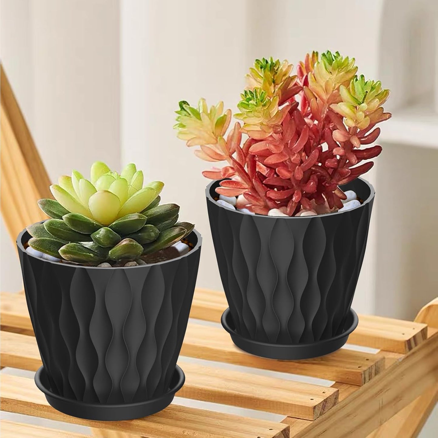 4 Inch Small Pots for Plants, 6 Pack Waffle Texture Small Plant Pots for Succulents, Plastic Planter with Drainage Holes and Saucers for Indoor Outdoor Plants, Flowers, Herbs, Seedlings,Black