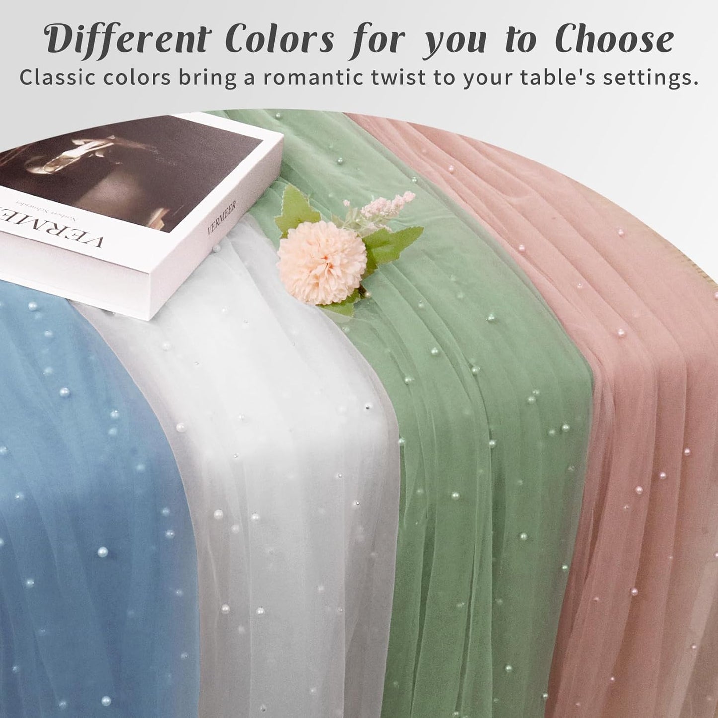 Set of 6 Pearl Table Runner 29 x 120 Inch White Tulle Fabric Lace Table Runners Boho Rustic Table Runners for Bridal Shower Birthday Party Wedding Arch Aisle Veil Dessert Table Decor(White)