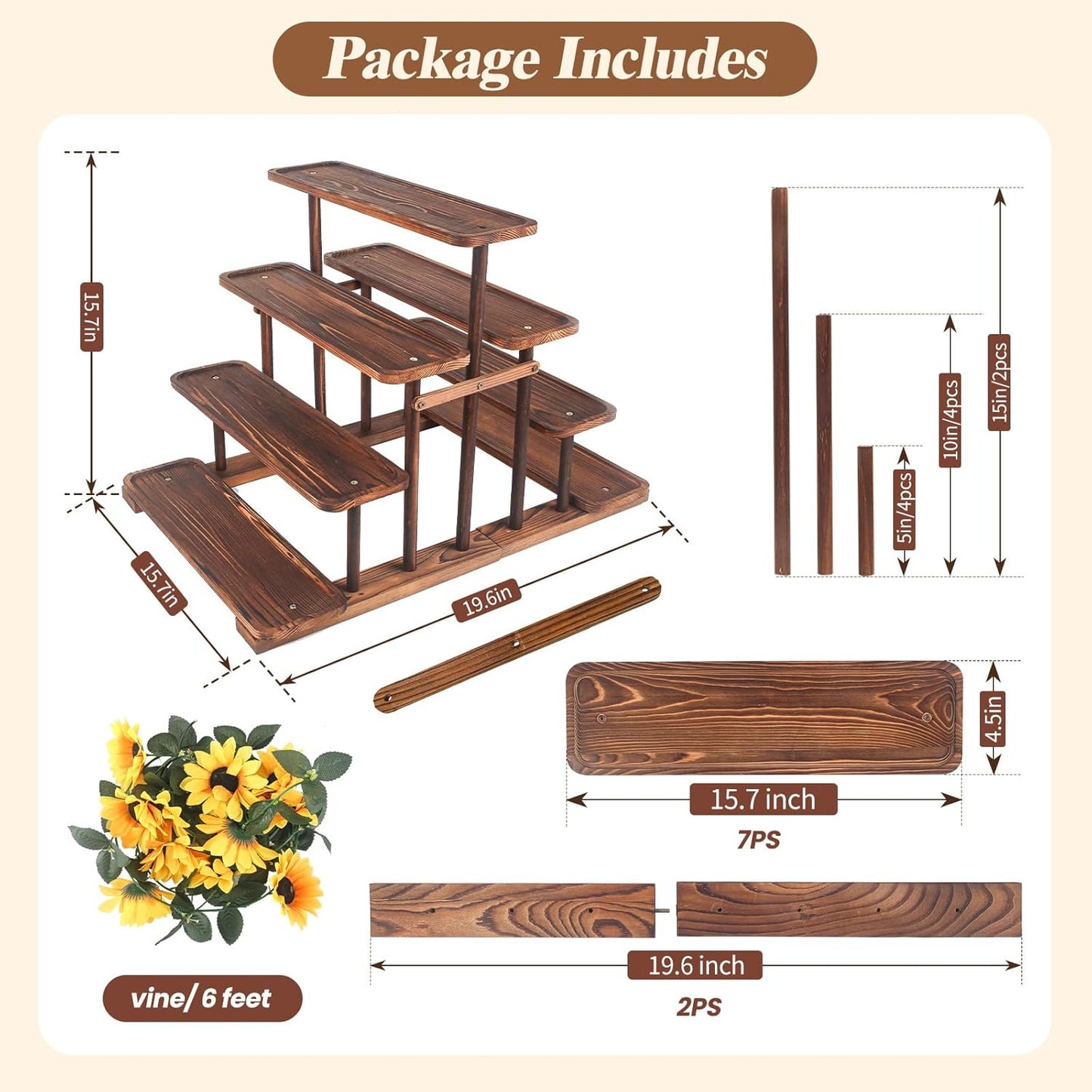 Wooden 7 Tier Cupcake Stand & Towers Serving Trays for Party with Vine Decoration - Party Display Serving Ladder with Platter for Cake, Snacks– Perfect for Catering, Events & Centerpieces