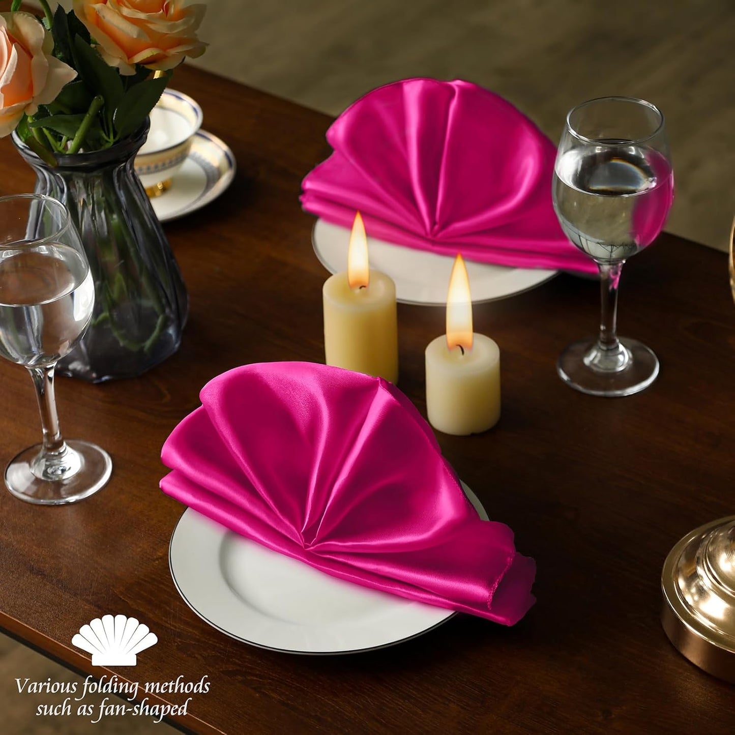 Manyshofu 60 Pieces Hot Pink Satin Napkins - 20x20 Inches Cloth Napkins, Square Satin Fabric Napkins Set - Soft & Reusable Table Napkins for Wedding Dinner Party Lunch