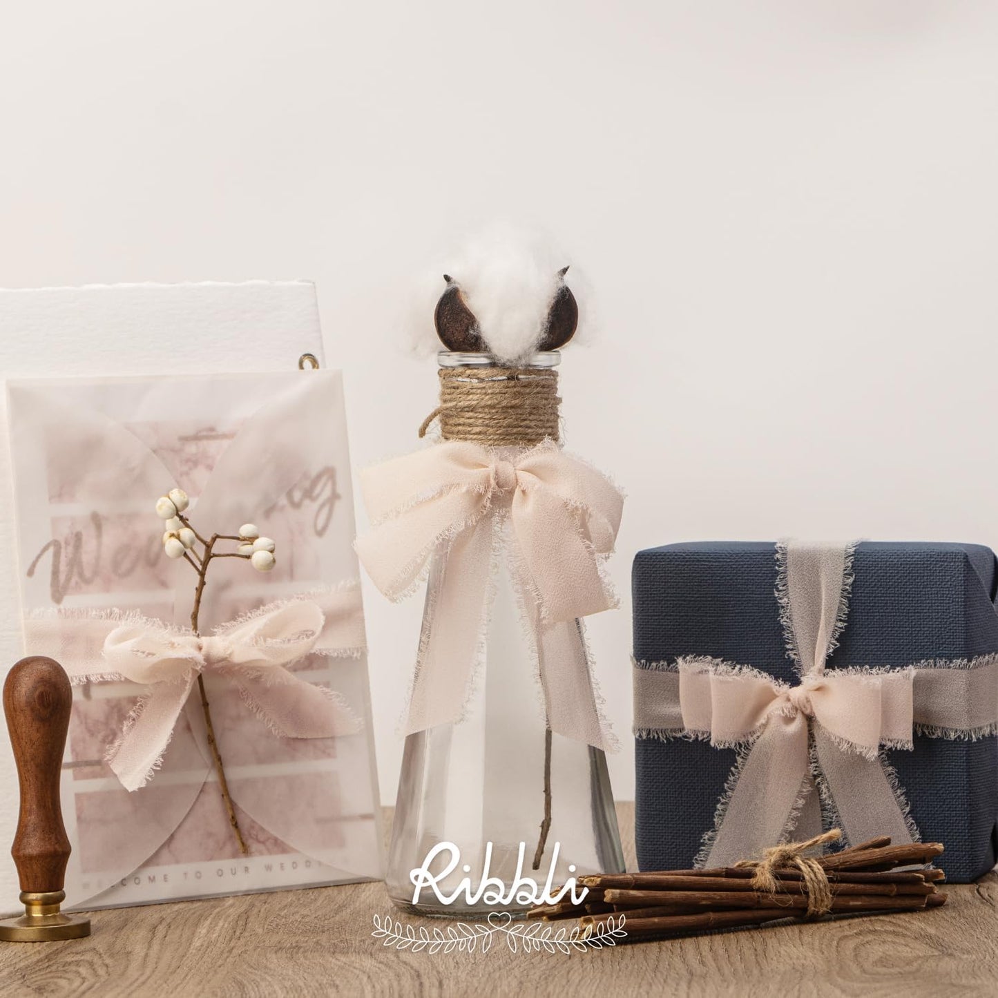 Ribbli Champagne Ribbon 1 Inch x 3 Rolls Total 24 Yards Nude Handmade Fringe Chiffon Silk Ribbon for Wrapping Wedding Invitations Bridal Bouquets DIY Crafts Home Decor