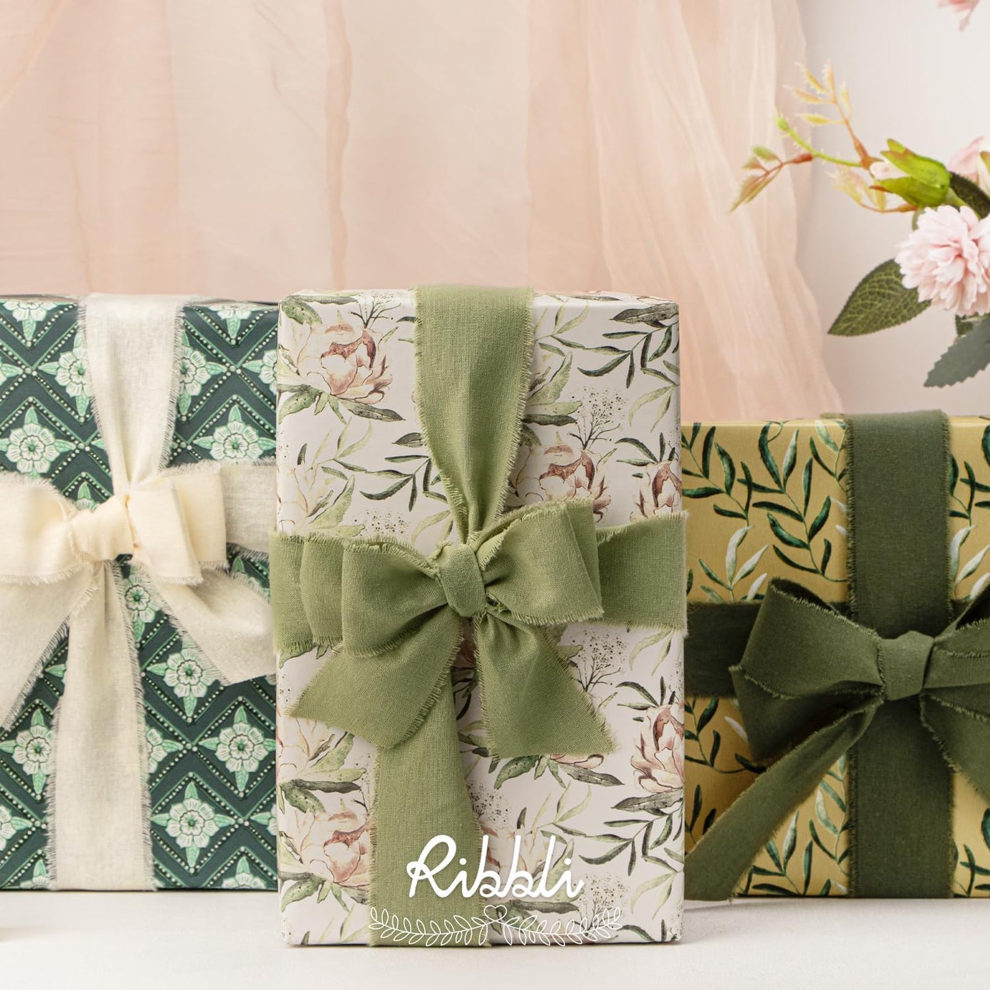 Ribbli 3 Rolls Green Ribbon 1.5 Inch x 18Yards Ivory Sage Moss Handmade Cotton Frayed Fringe Ribbons for Gift Wrapping Wedding Invites Bridal Bouquets Baby Shower DIY Crafts Home Decor