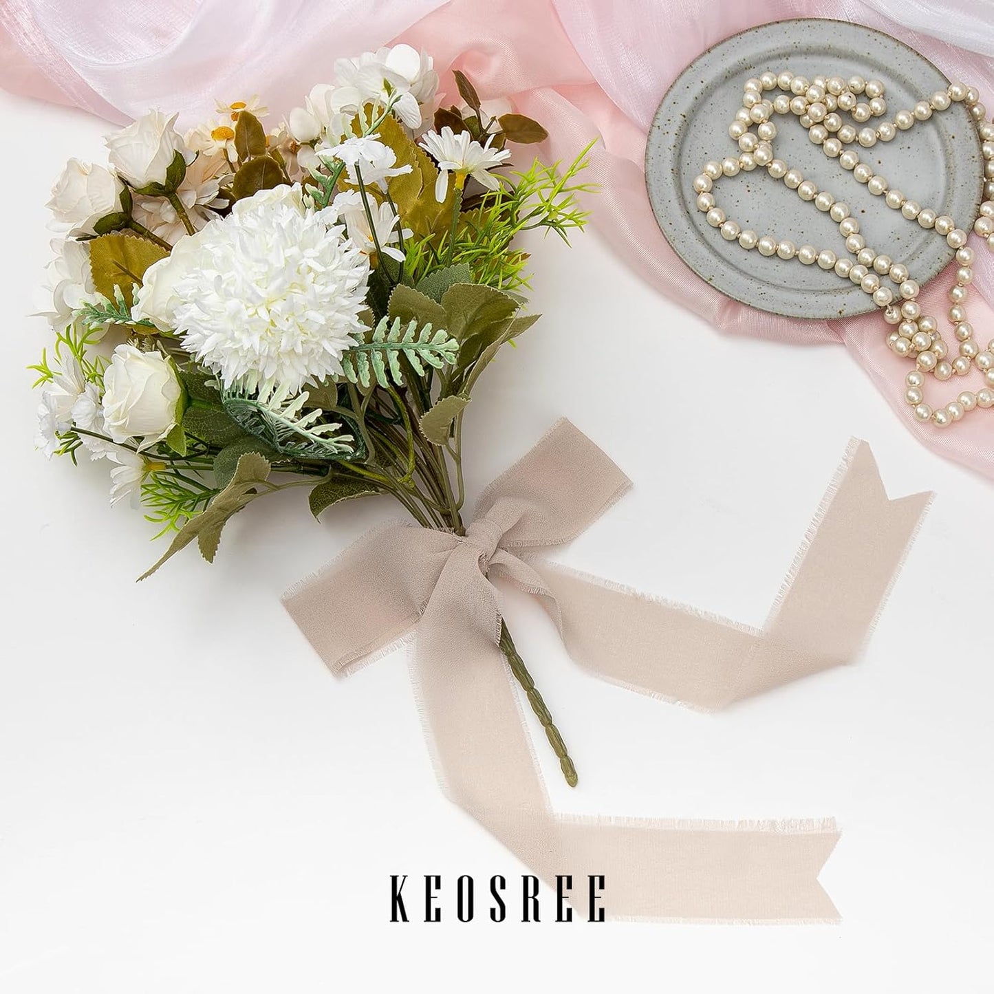 3 Rolls Light Nude Handmade Chiffon Ribbon,1.5" x 21Yd Light Khaki Frayed Fringe Silk Ribbons (3 Rolls *7Yd) for Gifts Wrapping, Wedding Invitations, Bridal Bouquets, Decorations