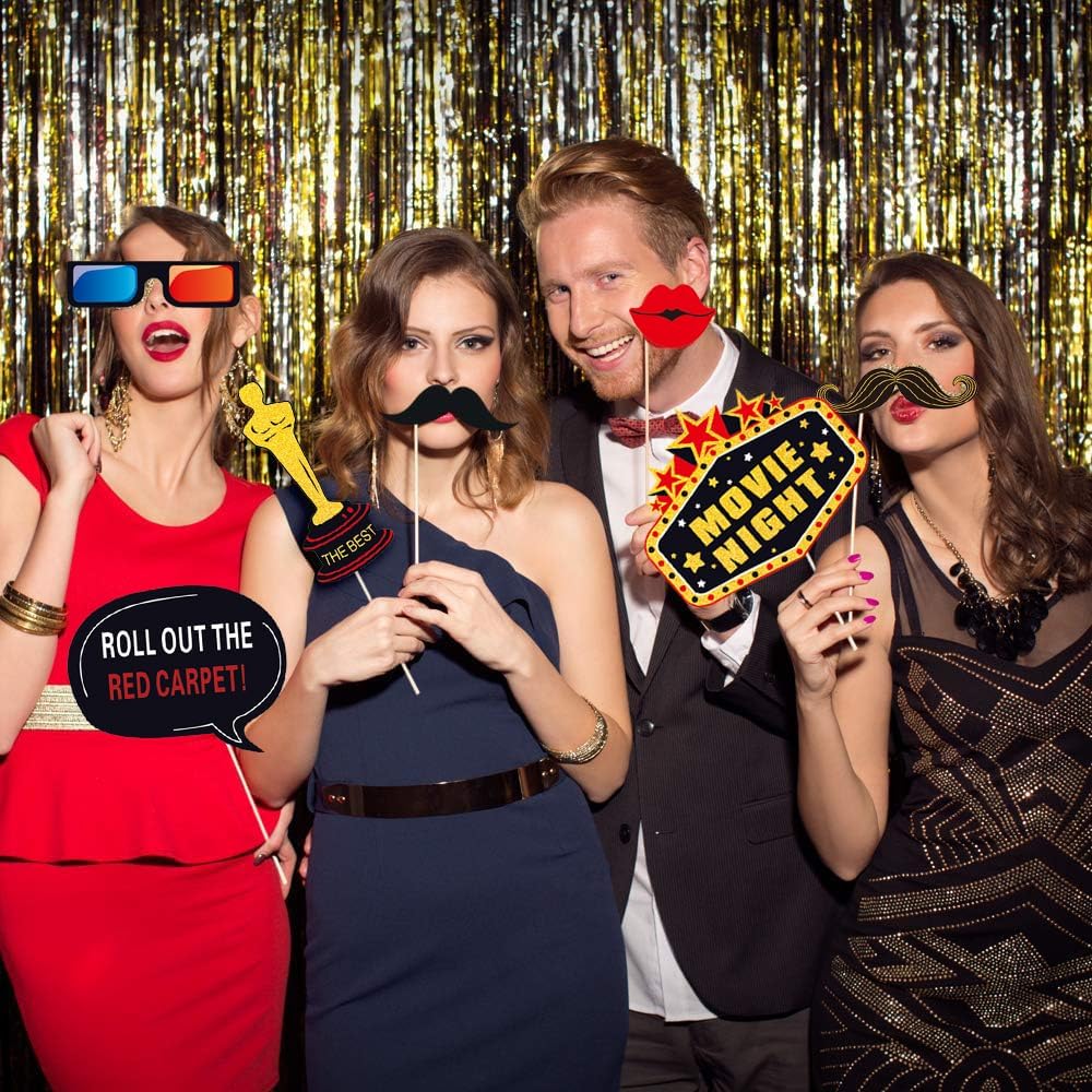 34pcs Hollywood Themed Movie Night Party Photo Booth Props, Hollywood Selfie Frame with Party Photo Props, Red Carpet Cutouts Cards Table Toppers Theme Decor Movie Night Party Supplies