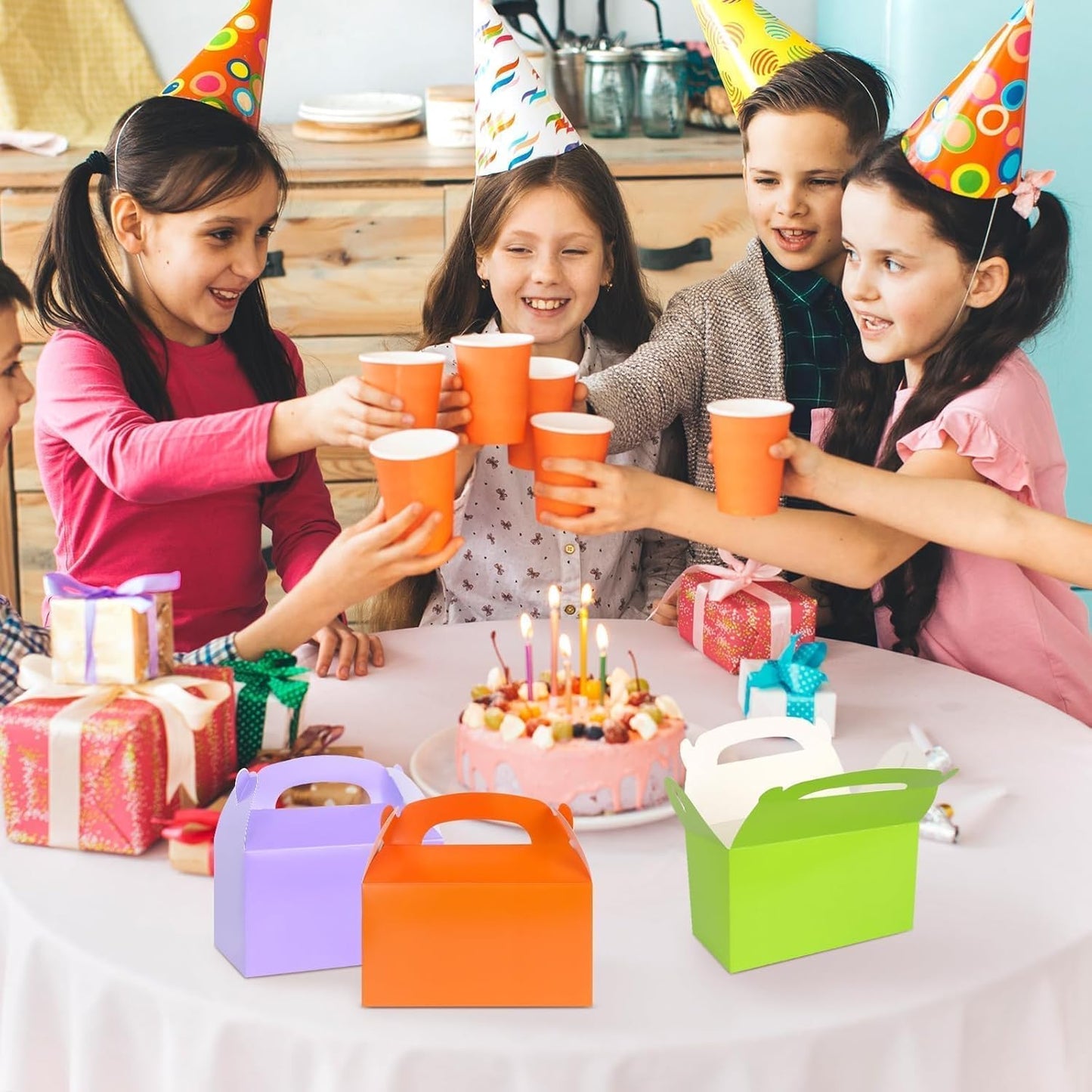 Rcybeo 18 PCS Gable Treat Boxes for Party, 9 Colors Candy Boxes for Kids Birthday, Snack Goodie Treat Bags for Wedding Favors, Baby Shower, 6.3 x 3.5 x 3.5 In