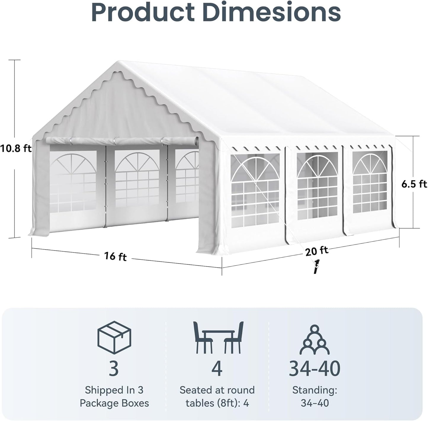 PHI VILLA 20'x16' Outdoor Heavy Duty Party Tent Large Commercial Canopy Wedding Event Shelter with Removable Sidewalls & 3 Storage Bags for Patio Outdoor Garden Events, White