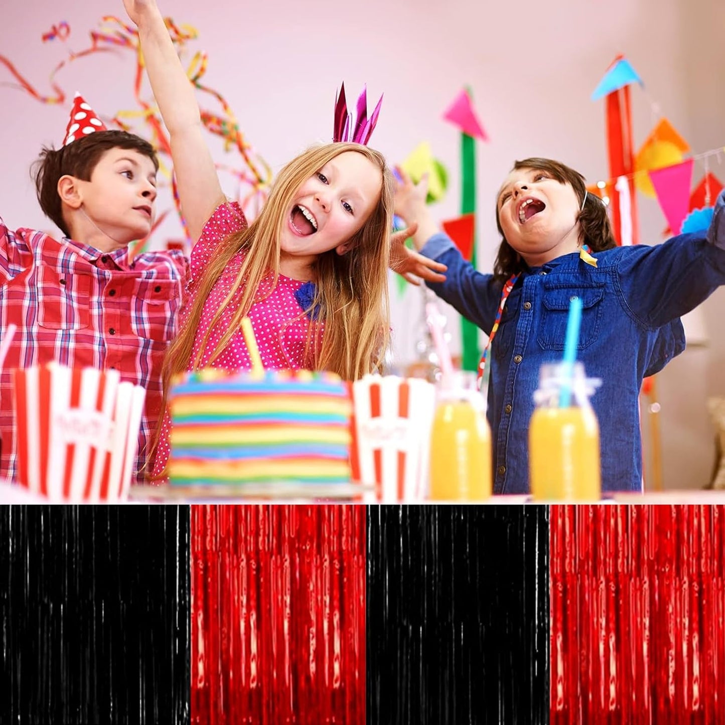 4P Metallic Foil Fringe Tinsel Table Skirts for Rectangle Tables Backdrop Banner Streamer Garland Curtains for Parade Floats Wedding Graduation Anniversary Birthday Parties Decoration (Black Red)