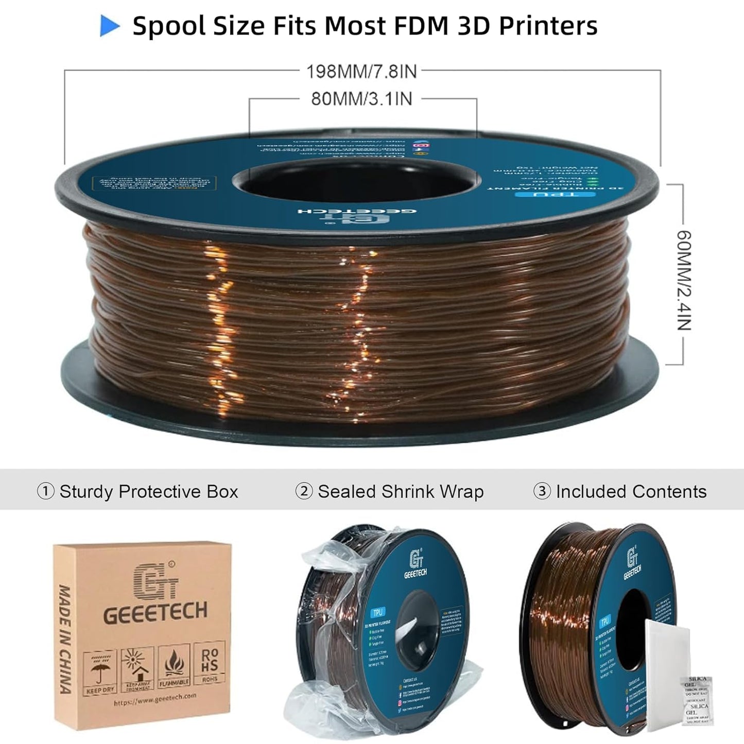 Geeetech TPU Filament 1.75mm, Shore 95A – Flexible 3D Printer Filament with High Elasticity, 1KG (2.2lbs) Spool, Dimensional Accuracy ±0.03mm, Fits Most FDM Printers (Clear Brown)