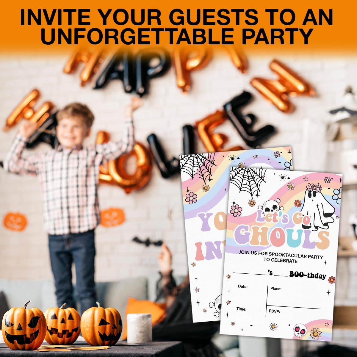 Halloween Birthday Invitations Groovy Rainbow Ghost Halloween Birthday Party Fill in Invites Cards With Envelopes (20 Count) Double Sided Design, Let's Go Ghouls