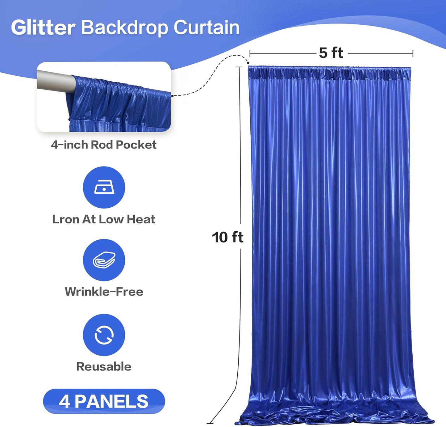 gogoparti 20x10FT Sapphire Blue Sequin Backdrop Curtain - 4 Panels of 5x10FT Wrinkle-Free Glitter Drapes for Photography, Birthdays, Weddings & Graduations