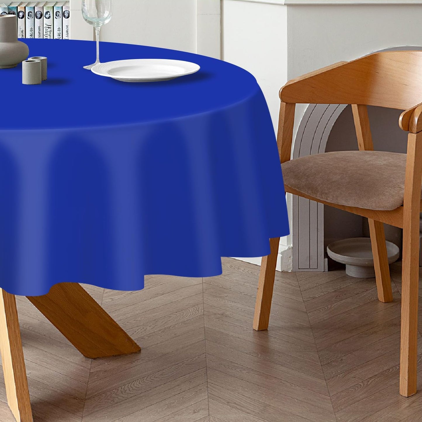 QIKSION Dark Blue Round Tablecloth 2 Pack, 84 Inch Plastic Table Cover Disposable for Parties