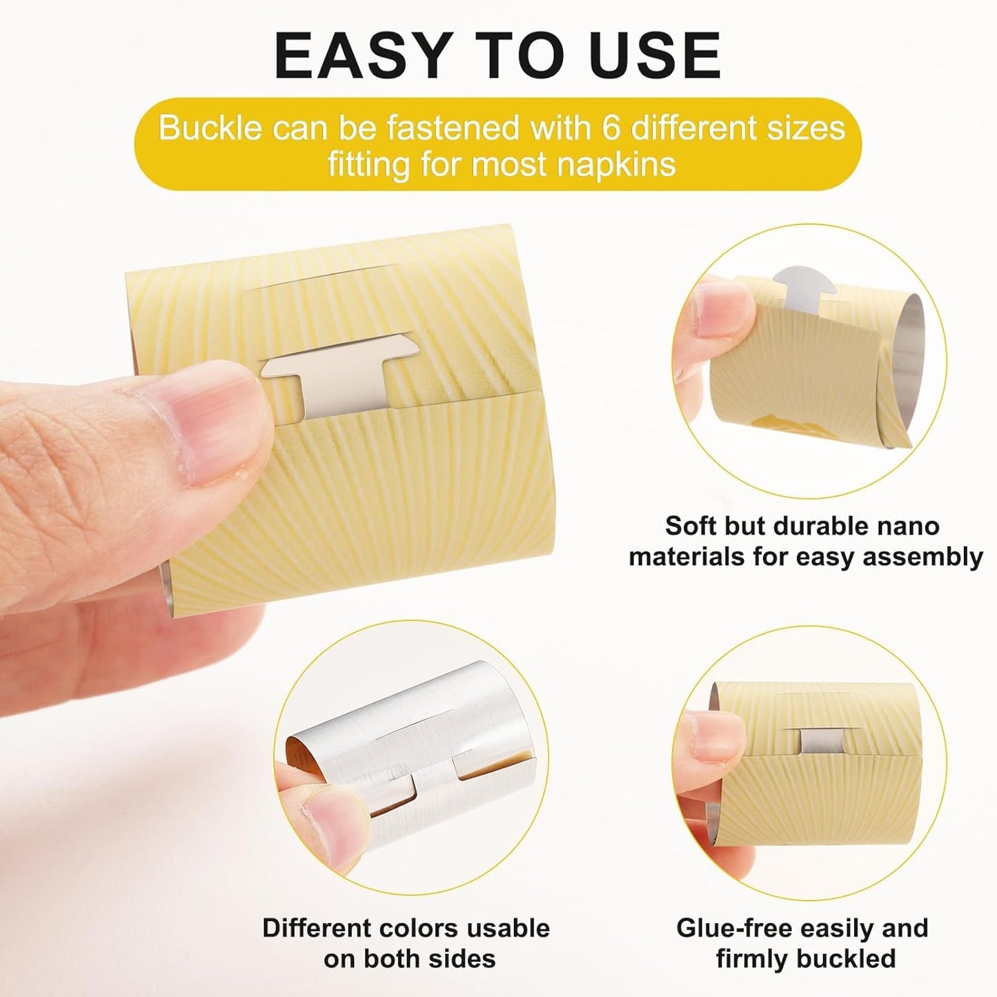 Polymer Material Reusable Napkin Band, Glue-Free Tear-Proof Water Resistant Oil-Proof Napkin Bands Set of 200(Assorted 4 Front Colors and Back Silver), 6 Adjustable Sizes Napkin Rings