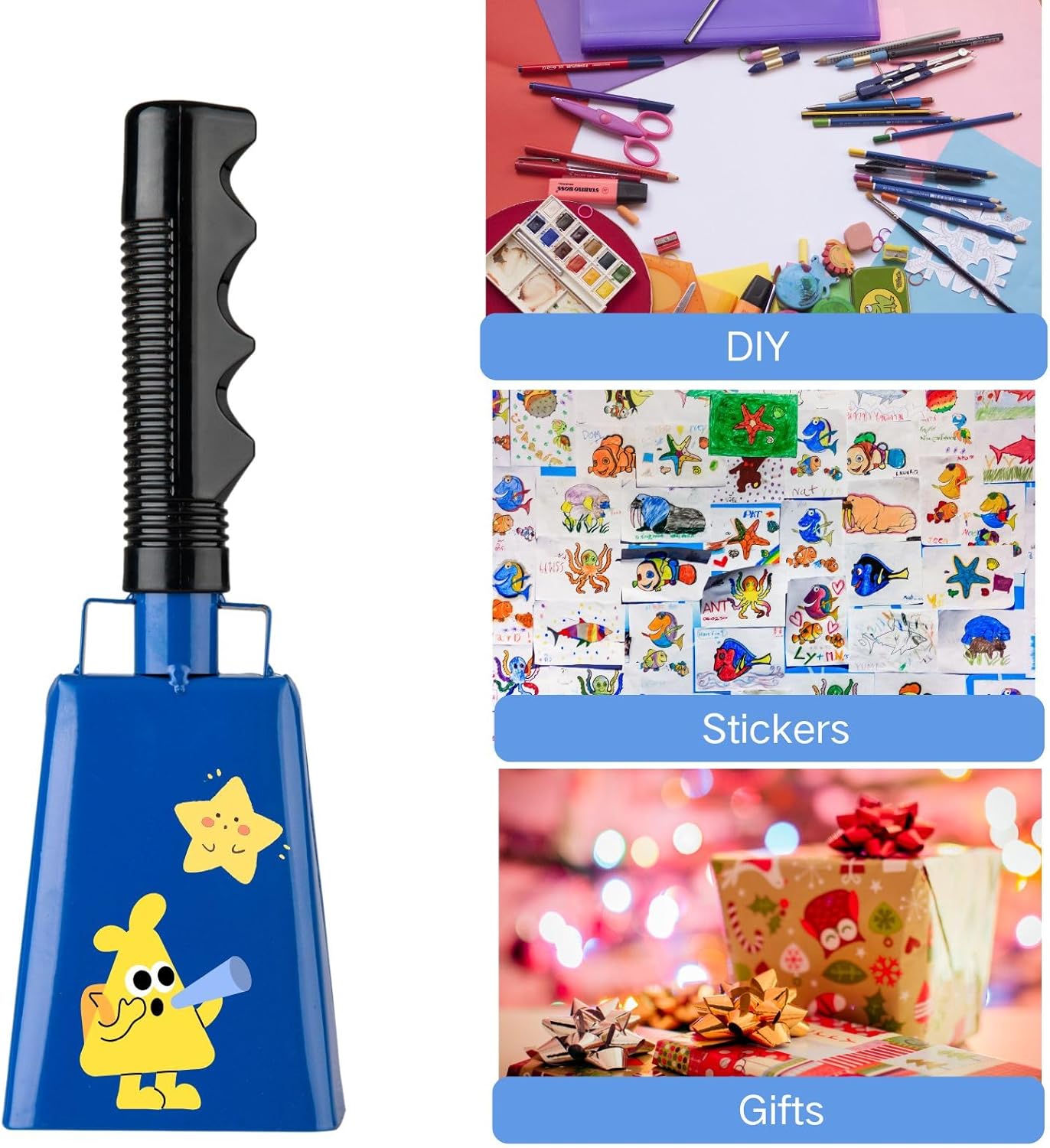 Steel Cow Bell with Handle 8 inch Cowbells Noise Makers, 2Pcs Large Cowbell for Sporting Events, Hand Percussion Loud Cheering Bell for Football Games Christmas Party School Wedding Farm (Blue)