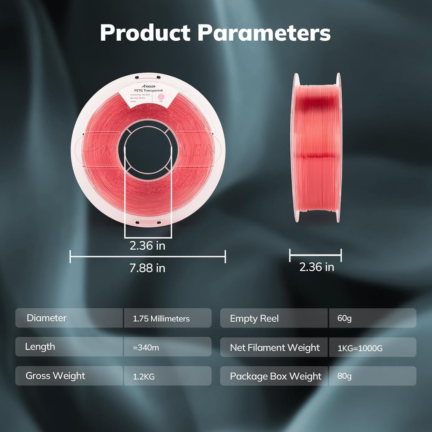 AMOLEN Rapid PETG Transparent 3D Printer Filament 1.75mm +/-0.02mm,Transcucent petg 500mm/s High Speed Strong Toughness Pink 1KG/2.2lb