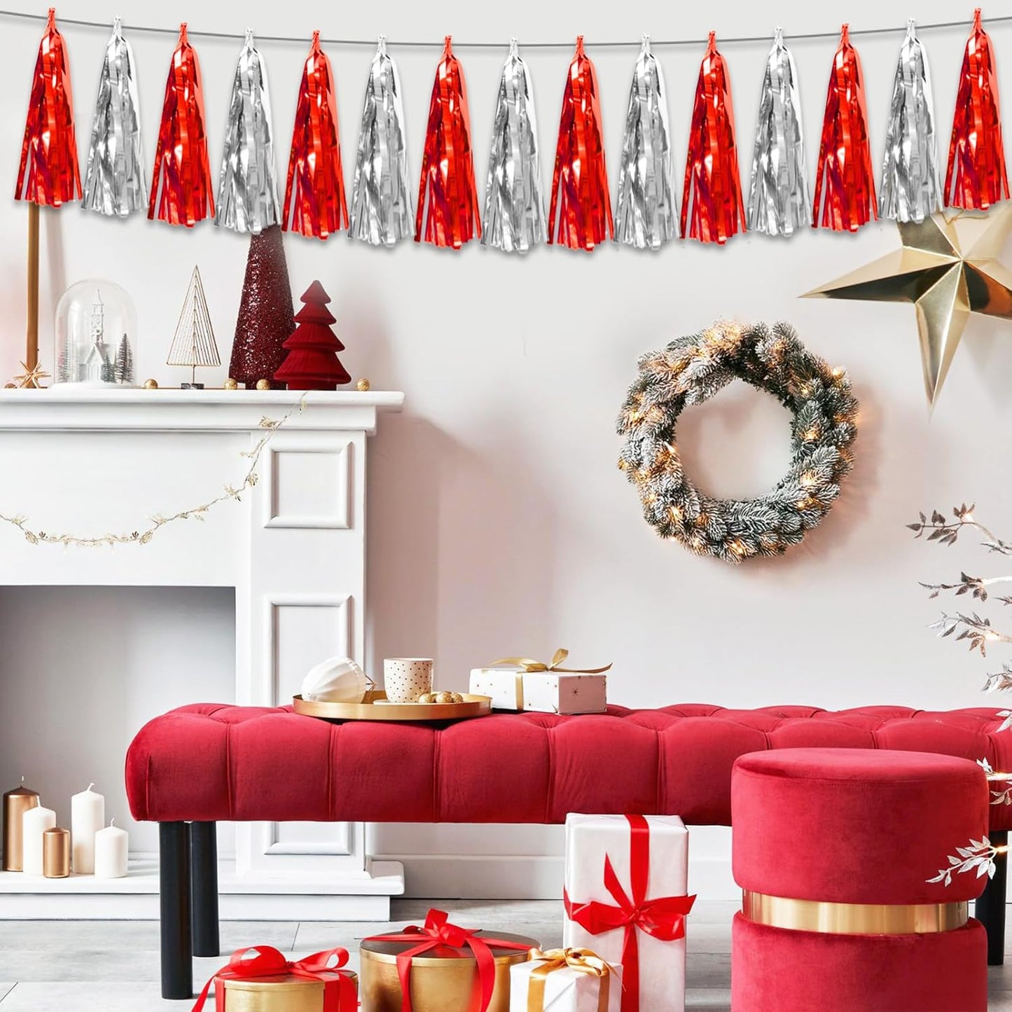 8P Red Silver Foil Fringe Metallic Tassel Streamers Banner Tassel Garland for Parade Floats, Bachelorette, Wedding, Birthday, Halloween, Christmas, Bridal/Baby Shower Party Decorations