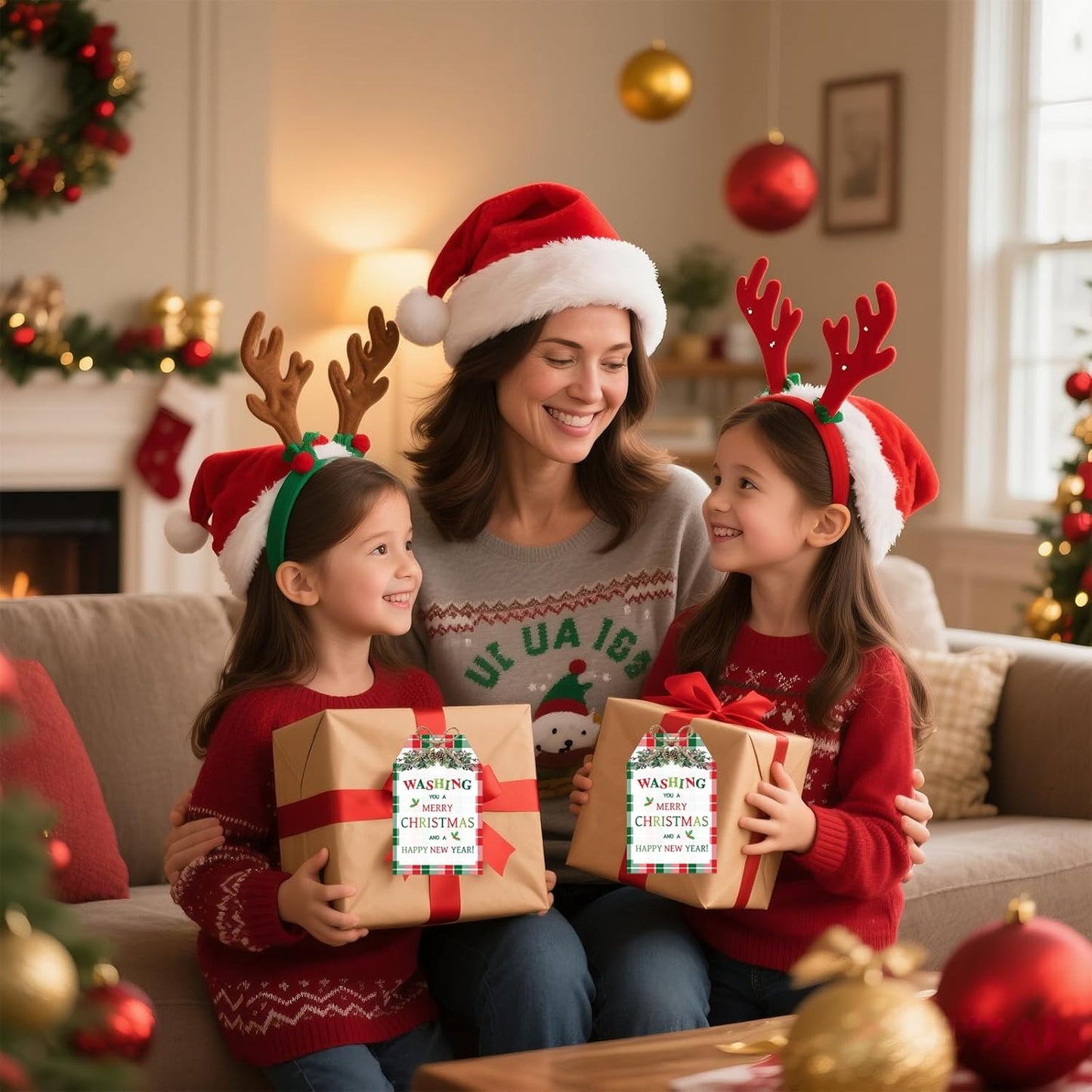 60Pcs Merry Christmas Tags with String, 3.3x2.1 Inch Buffalo Plaid Holiday Gift Tags, Xmas Happy New Year Tag with Holly for Winter Party Candy Bag Envelope Presents Gift Favor