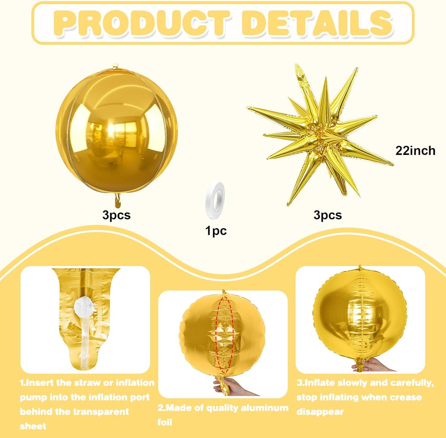 6Pcs Gold Foil Balloons,22Inch Gold 4D Round Ball Balloon and Explosion Star Balloon for Birthday Wedding Baby Shower Anniversary Graduation Decorations