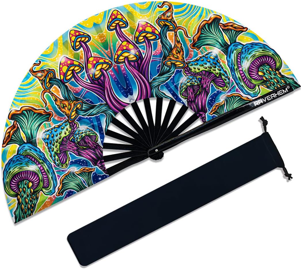 13" Large Rave Fan Bamboo, Folding Clack Hand Fans Foldable for Men Women, Boots on the Ground Poping Fan for EDM Festival Line Dance Decoration, (Magic Mushroom2, Large 13")