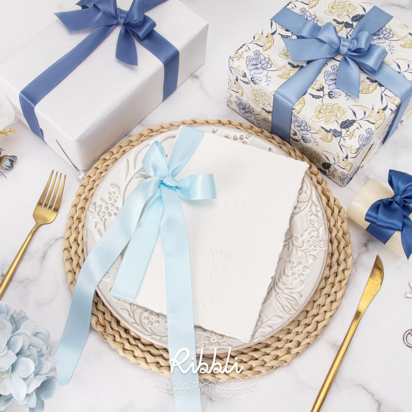 Ribbli Dusty Blue Satin Ribbon 1 Inch x 4 Rolls Total 40 Yards- Light Blue/Dusty Blue/Smoke Blue/Light Navy Ribbon for Gift Wrapping Craft Wedding Decoration