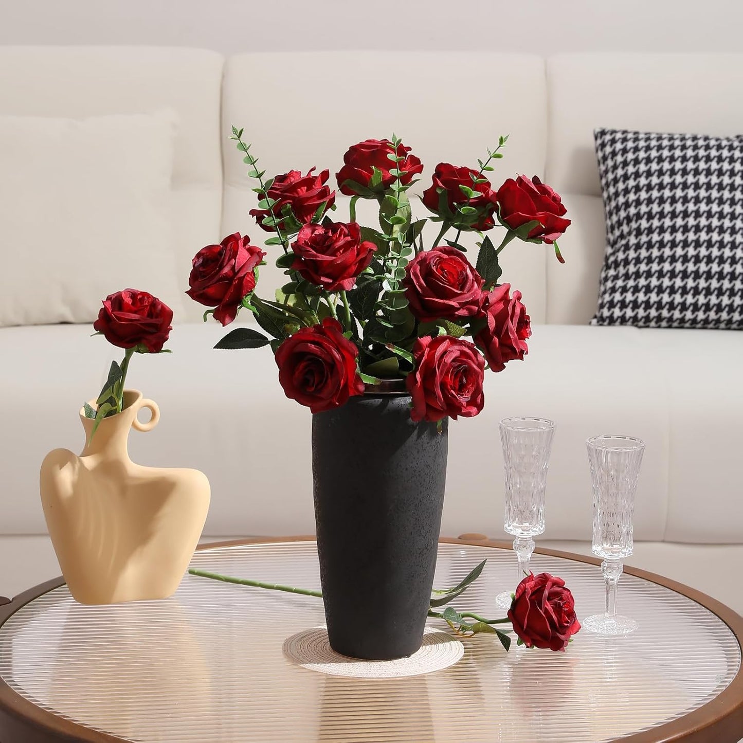 Tifuly 12pcs Red Roses Artificial Flowers,Realistic Long Stem Fake Silk Roses Bouquet for Party Home Wedding Centerpiece Office DIY Decor(Burgundy)